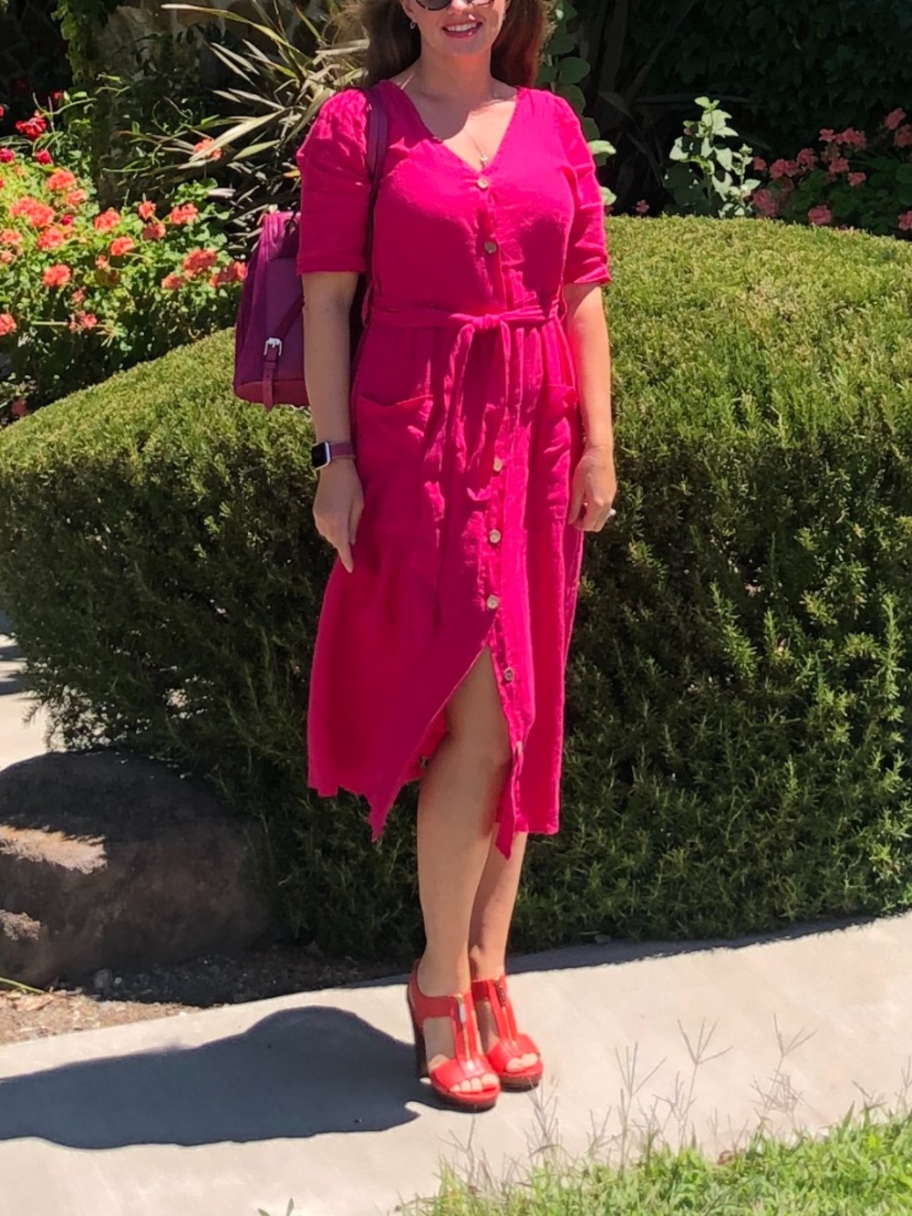 Beautiful magenta pink 100 % linen midi dress made in Italy